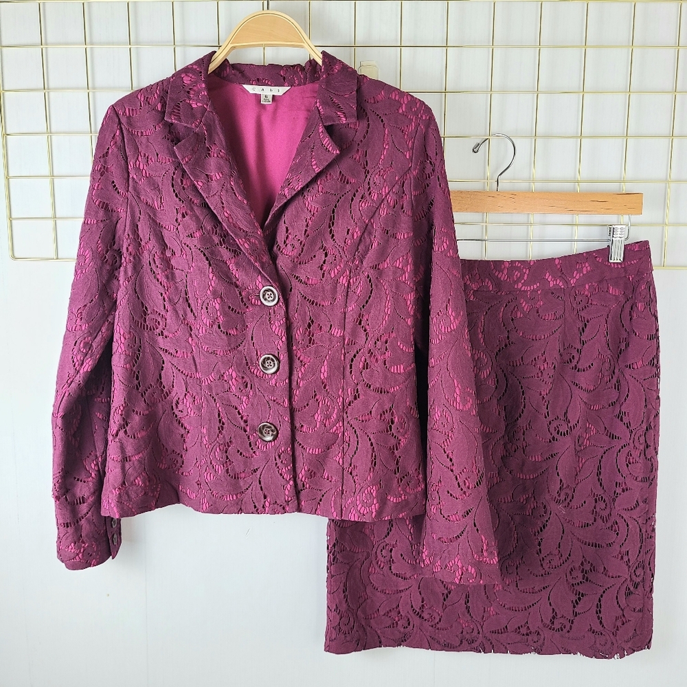 CAbi Frolic Plumberry Purple Magenta Pink Skirt Blazer Magenta Lace Suit